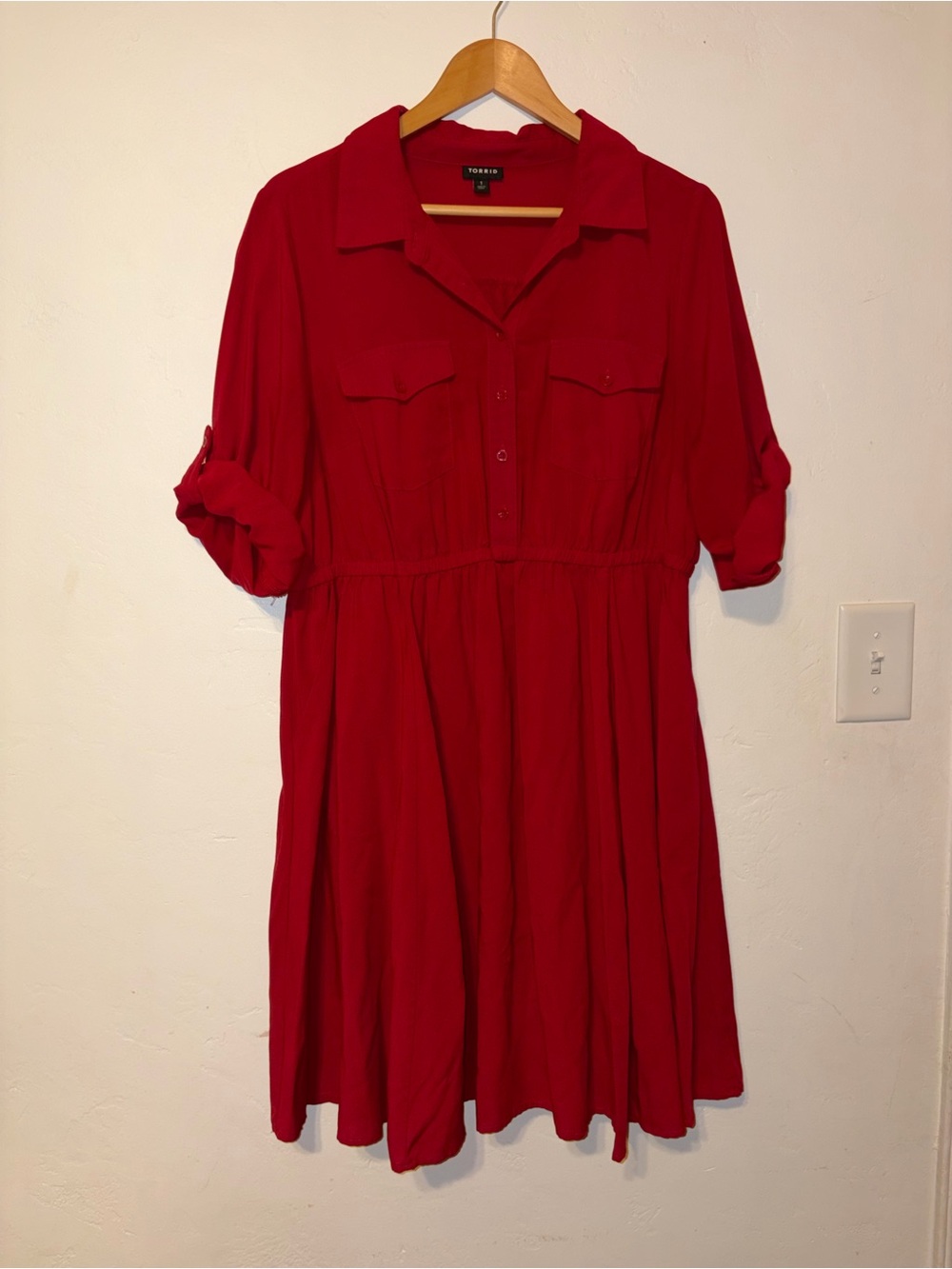 torrid Red Shirt Midi Dress with Roll-Tab Sleeves